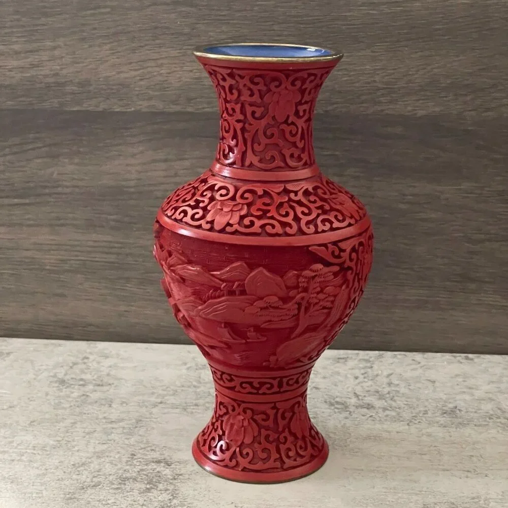 Vintage Red Cinnabar Blue Enamel Brass Hand Carved Lacquer Medium Vase 8.25